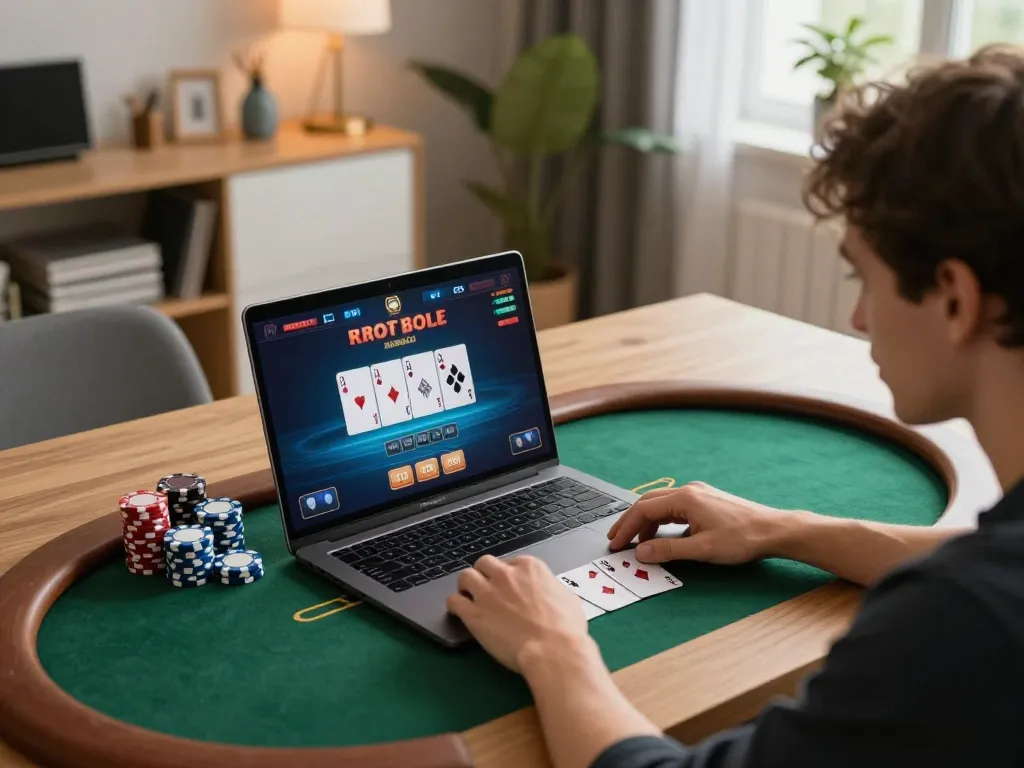 W88 player engaging in a high-stakes online poker game, strategizing with cards and chips in a cozy home office.