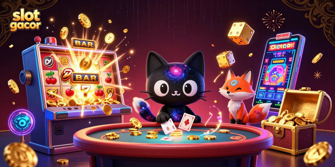 Engage with slot gacor excitement at a cosmic casino, featuring dynamic characters and jackpot elements.