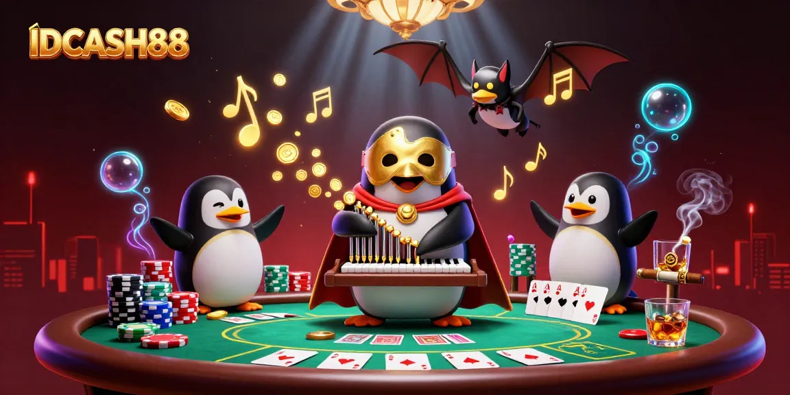 Experience excitement at IDCASH88 with a dramatic 3D penguin character amidst vibrant casino elements.