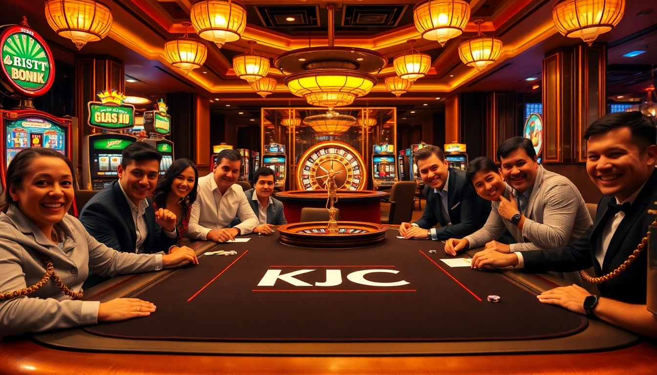 KJC poker table with players enjoying an exciting game, surrounded by vibrant slots and roulette.