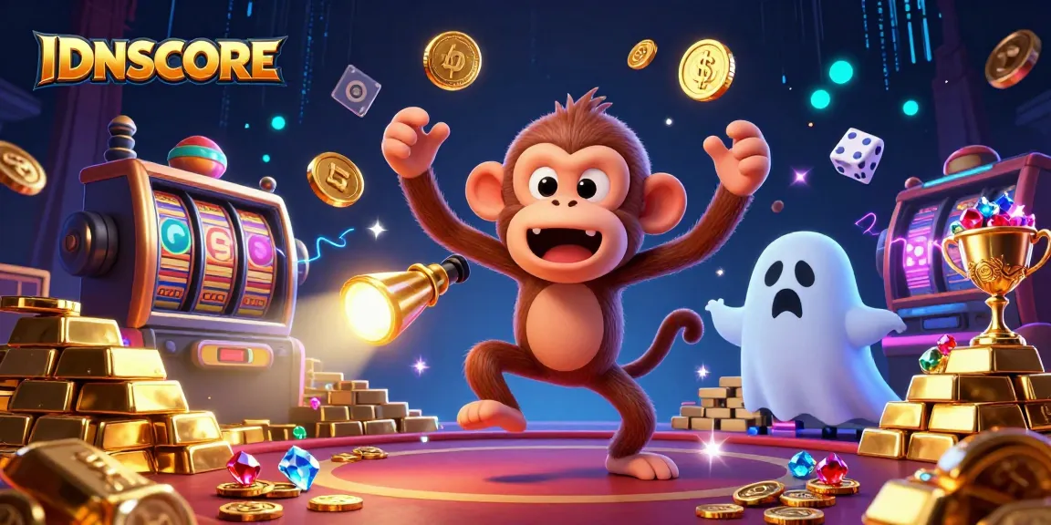 Engage with IDNSCORE in a vibrant haunted casino environment filled with golden treasures and lively game action.