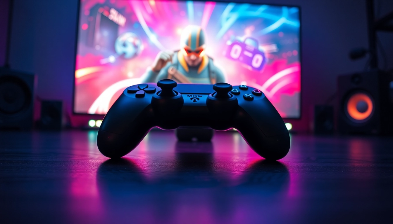 Jogador em um ambiente de hi game interagindo com console de videogame iluminado.
