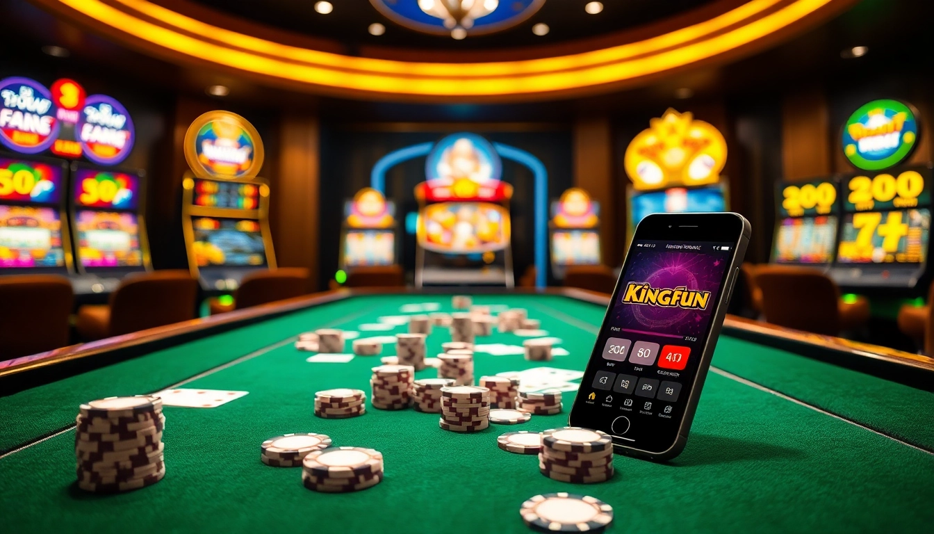 Kingfun app showcased on a lavish casino table with vibrant gaming elements.