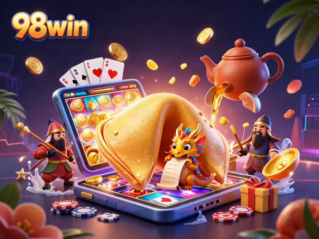 Engage with 98win's vibrant casino world featuring epic slots and luck-filled fortune cookie adventure.