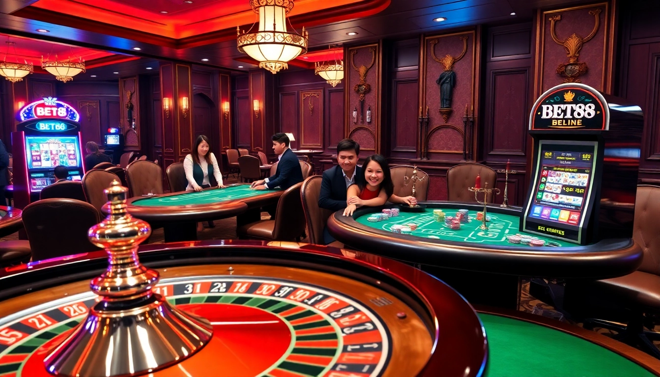 Players enjoying the excitement of BET88 casino games with roulette, poker tables, and slots.