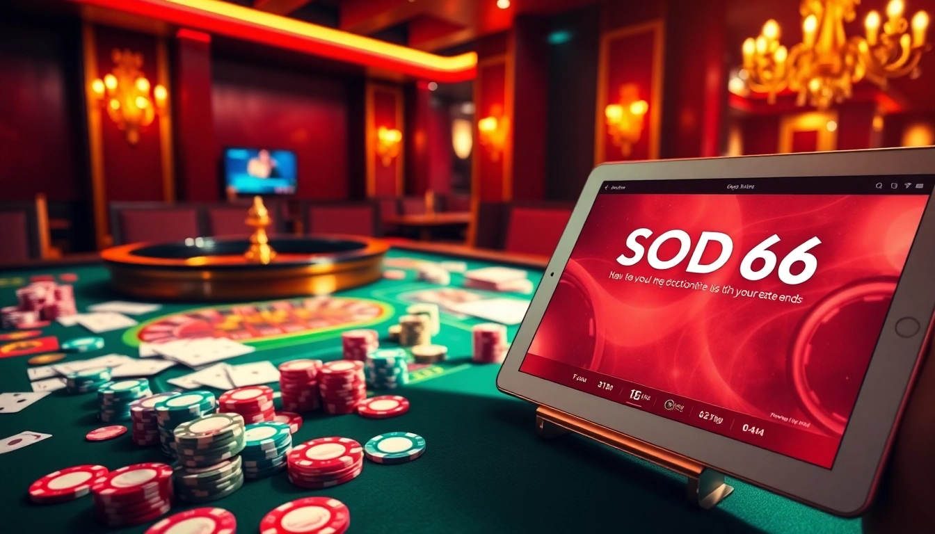 SODO66 showcases an exciting casino experience filled with poker chips, cards, and a roulette wheel.