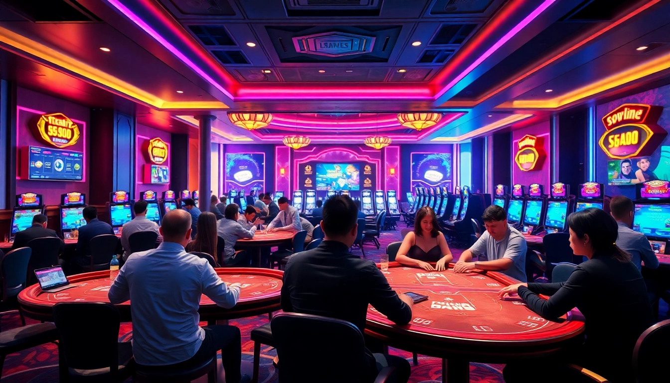 Exciting gaming environment showcasing 98win's casino experience with vibrant players and modern design.