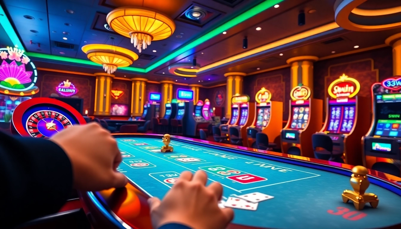 Exciting online gambling scene showcasing 33win poker tables and vibrant slot machines.