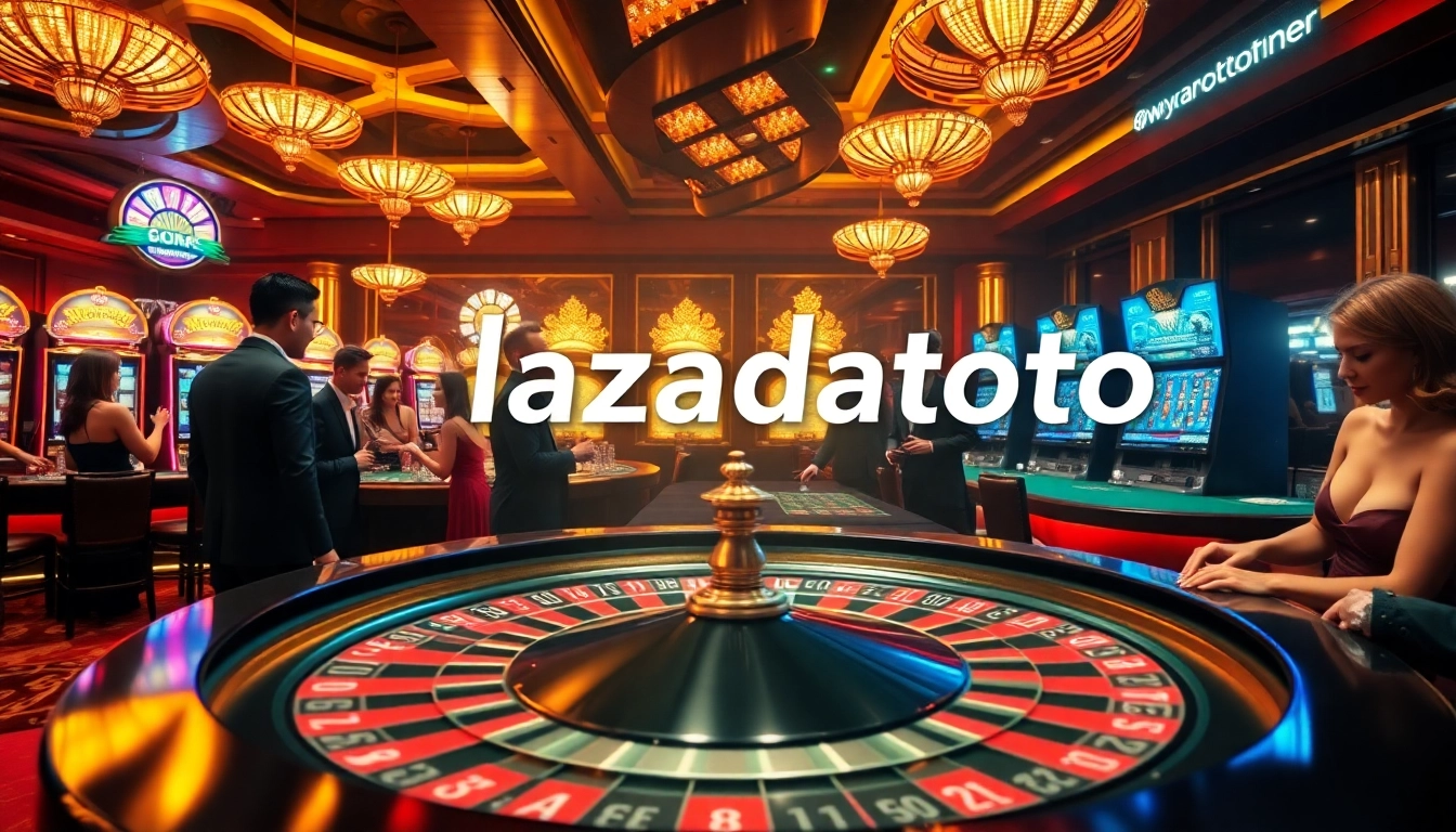 Players enjoying roulette at a vibrant casino, featuring the exciting keyword lazadatoto interwoven in the design.