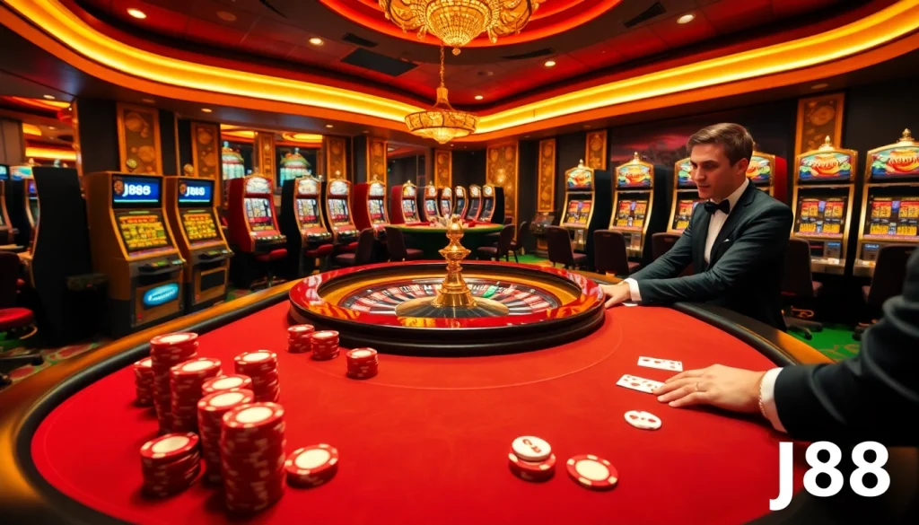 Engaging j88 casino scene with vibrant poker table, roulette wheel, and lively players.