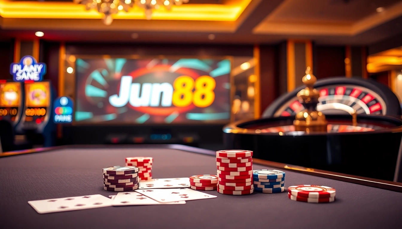 Experience high-stakes gaming at Jun88's luxurious casino with vibrant tables and digital excitement.