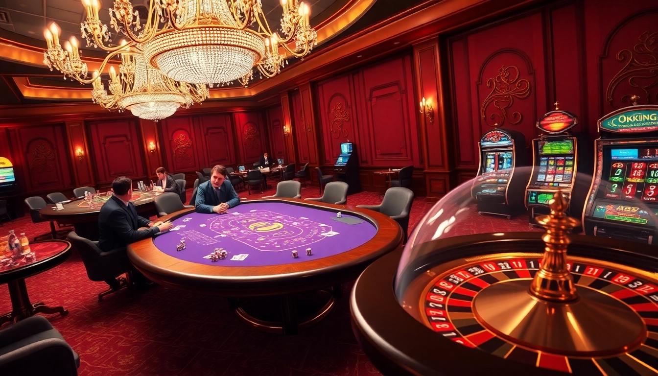 Players engage in a thrilling round of poker at the Okking casino, surrounded by luxury and excitement.
