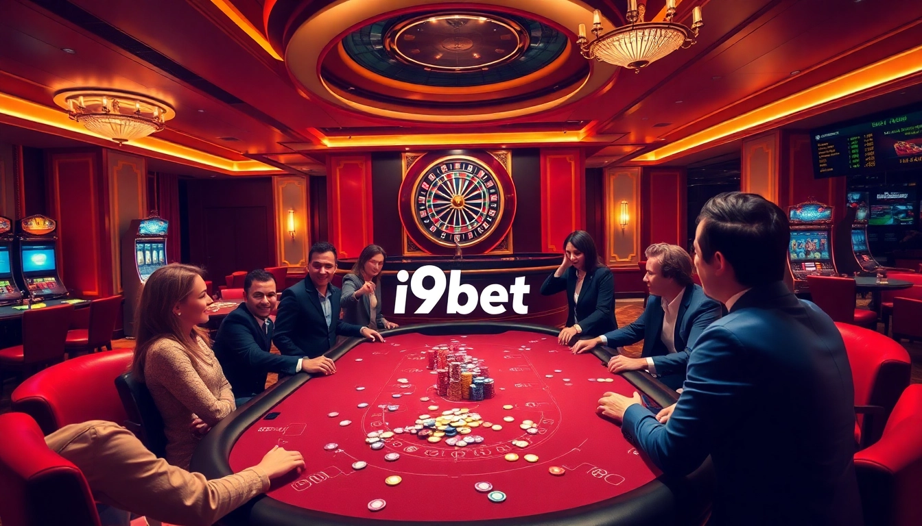 Experience thrilling gaming action at i9bet with a vibrant casino scene featuring poker tables and roulette.