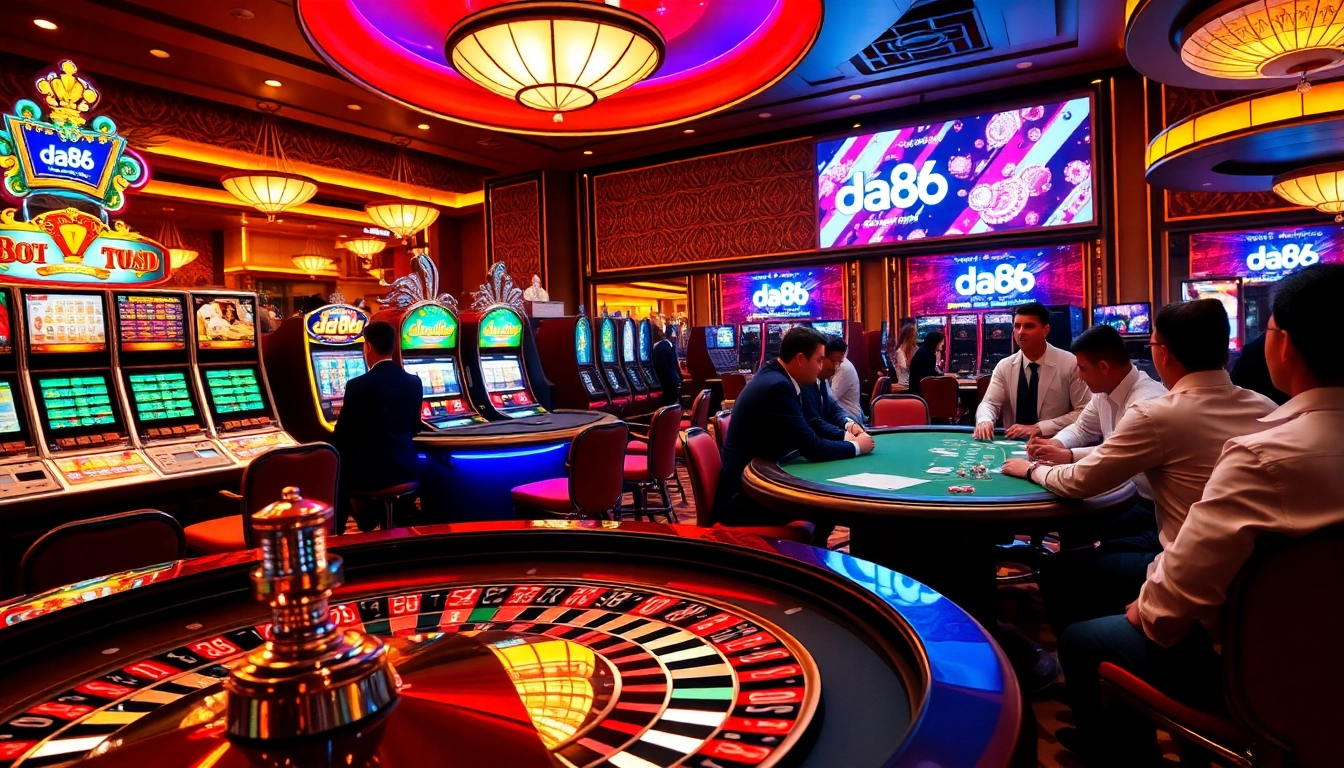 Engaging scene of players at casino tables emphasizing da88 excitement, with vibrant slot machines and roulette.