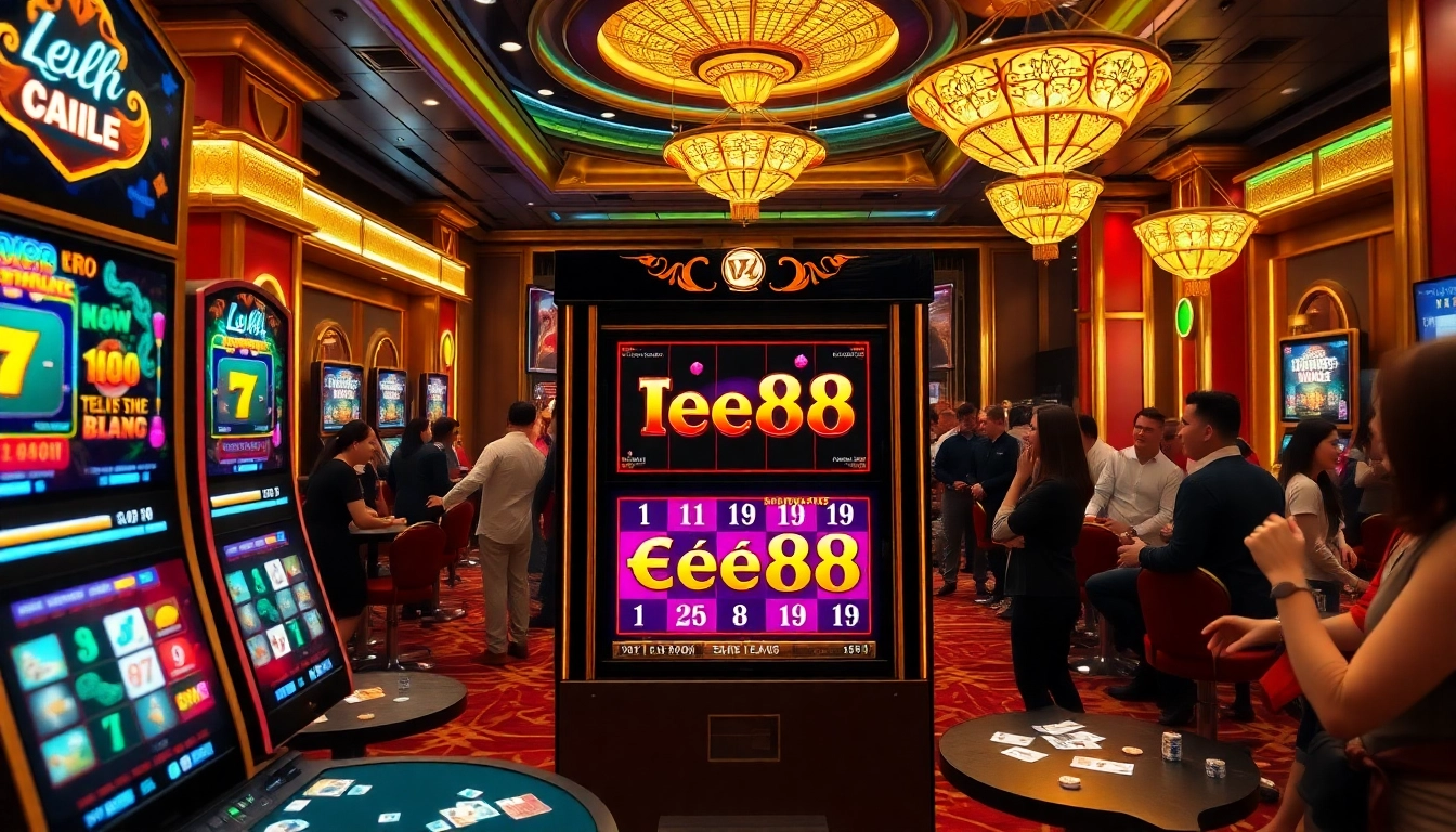 Players celebrating wins at a luxurious nổ hũ ee88 casino game featuring vibrant slot machines.