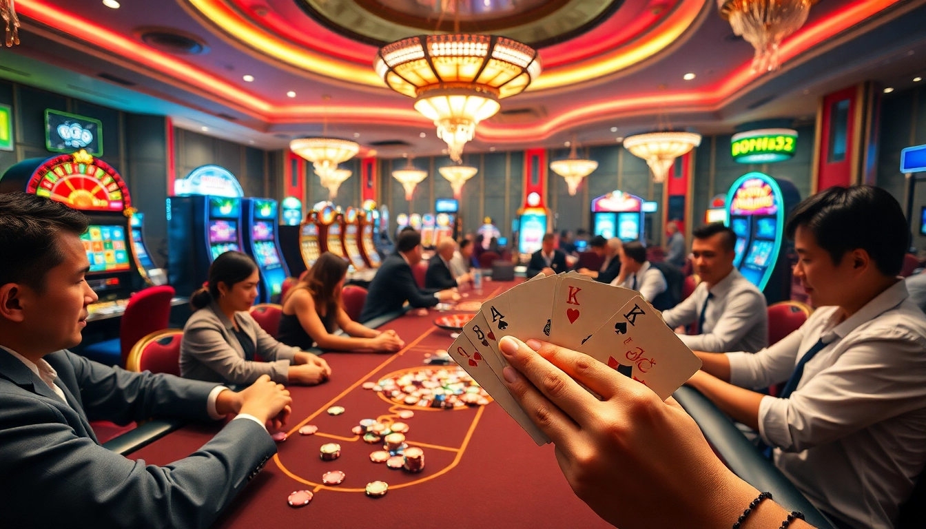 Nohu52 players winning big at stylish casino tables with glowing slot machines.