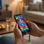 Engaging in online gaming via bdtk66 app on smartphone in cozy home setting