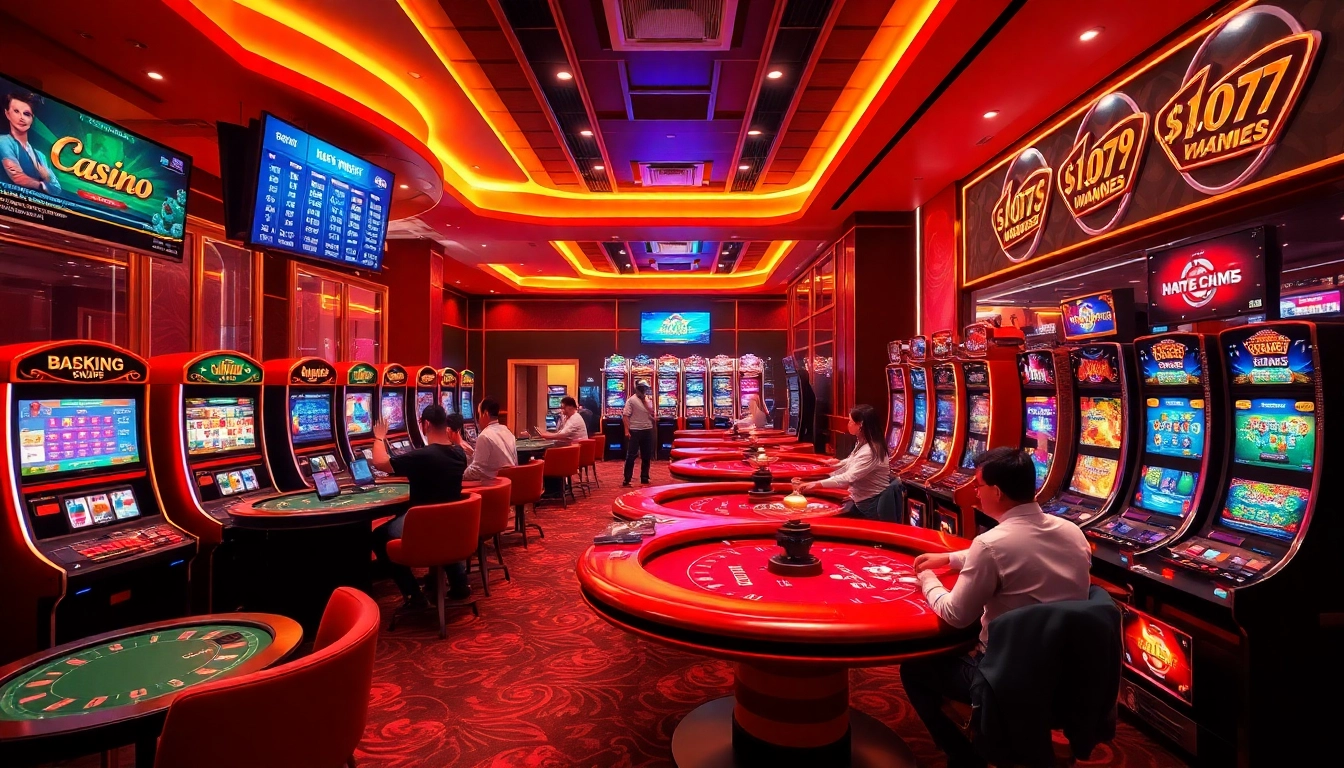 Dynamic online casino scene featuring vibrant gaming tables and slot machines at 33win.