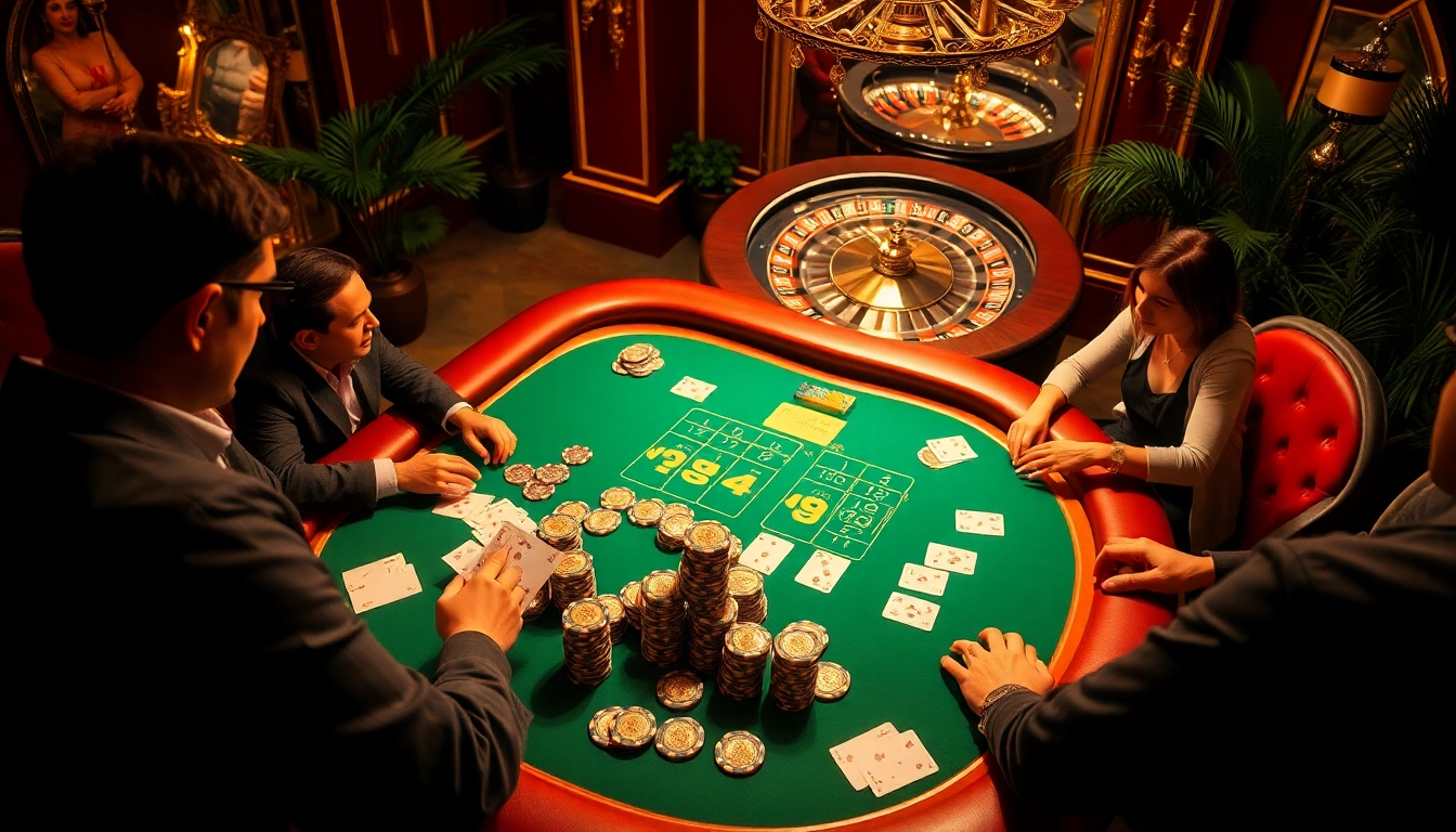 Nohu-themed poker game featuring players at a luxurious casino table with vibrant chips and cards.