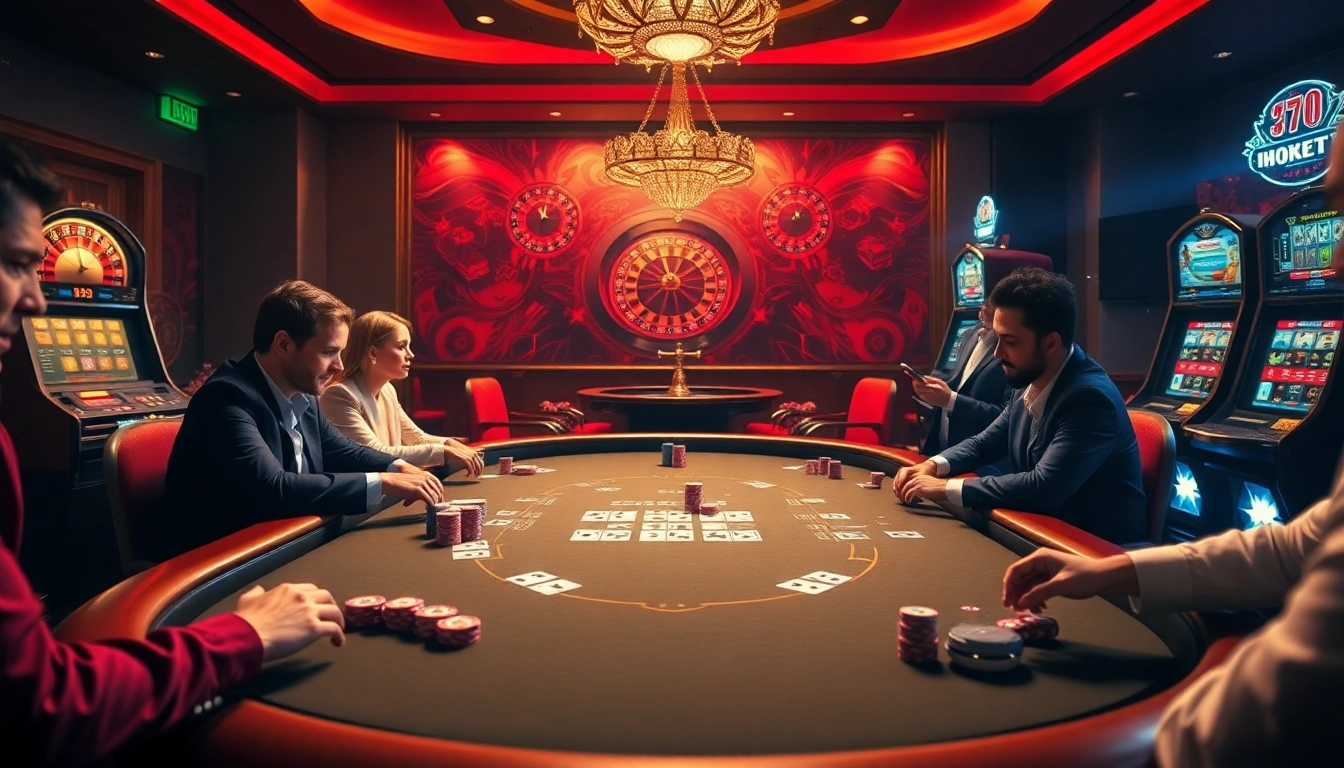A dynamic poker game scene at a luxurious casino table, showcasing 188bet's exciting gambling experience with colorful chips.