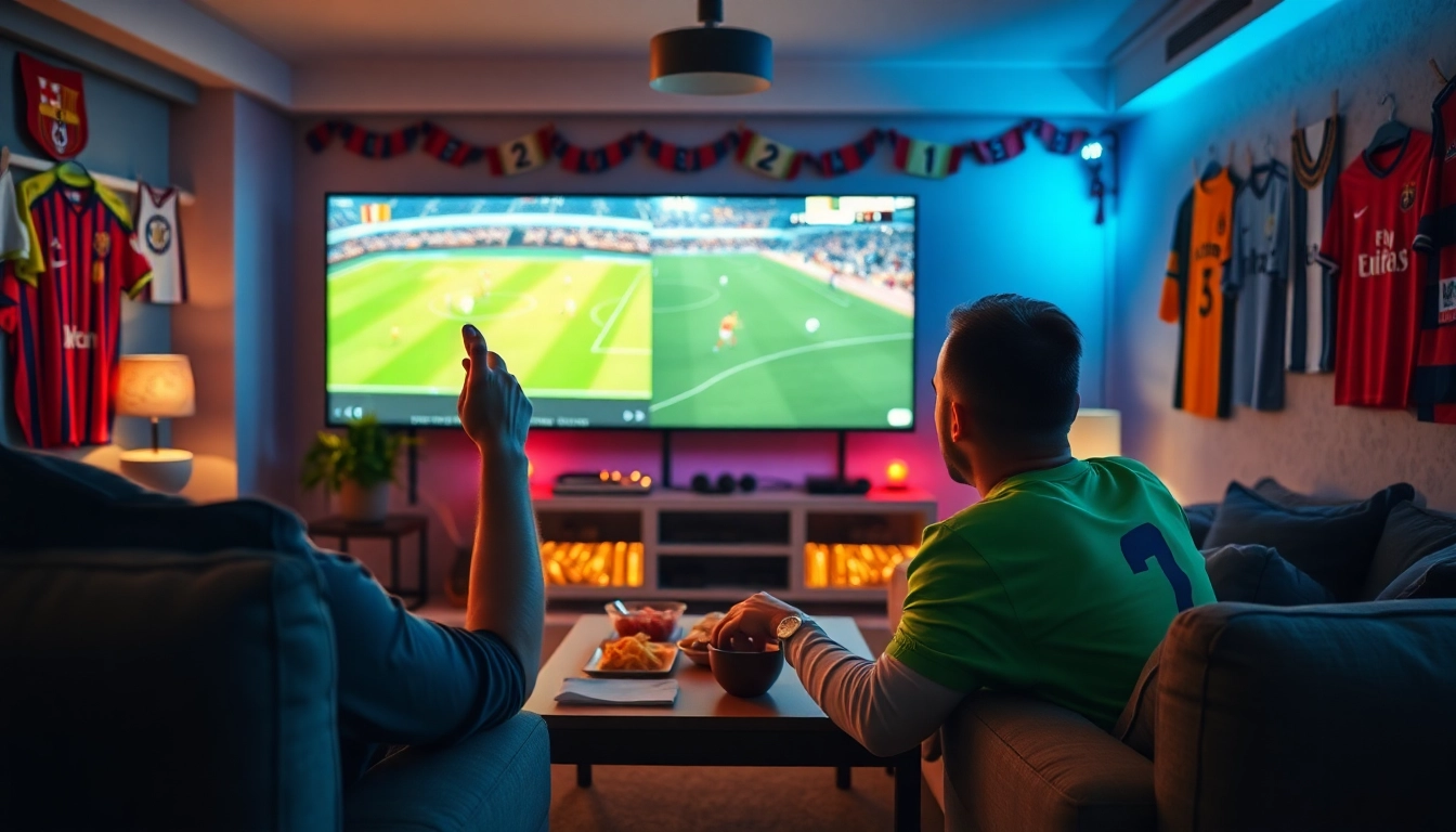 Socolive fan enjoying a live soccer match at home, vibrant colors and cozy atmosphere.