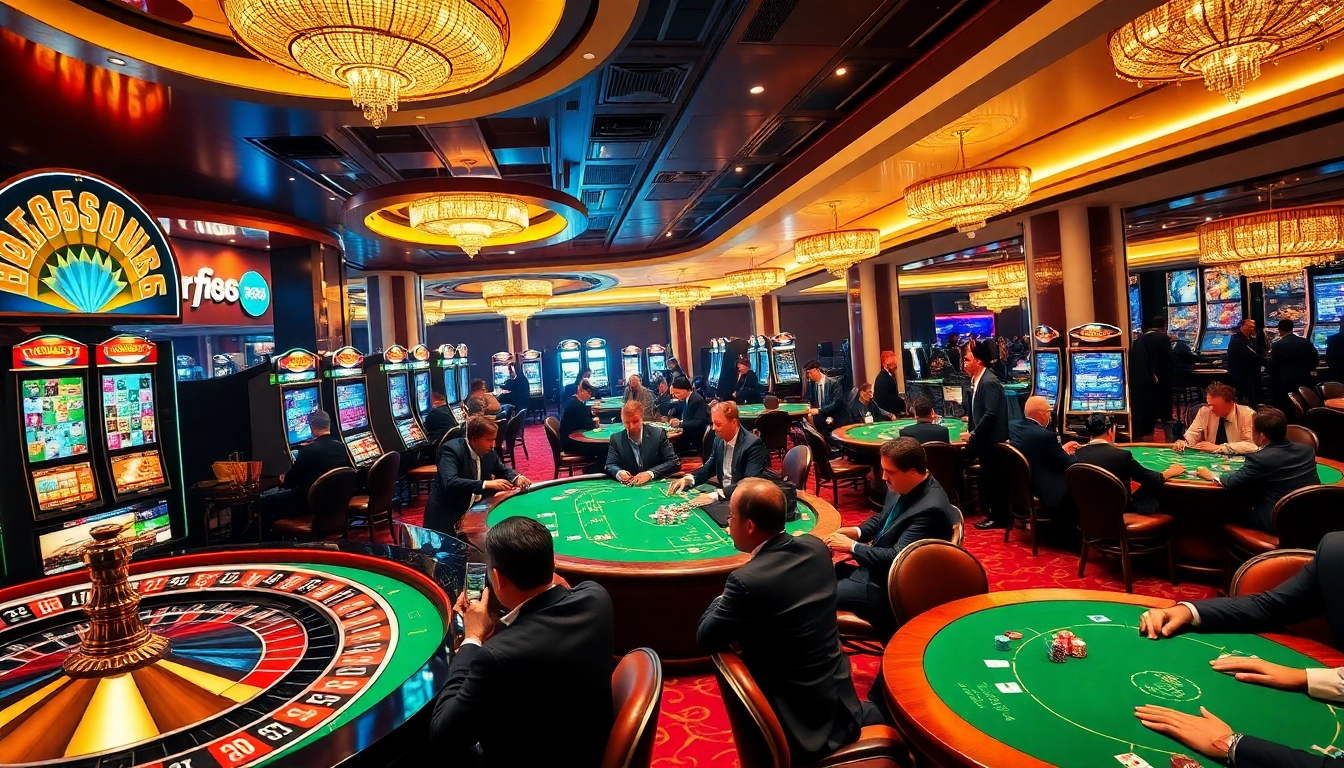 Excited gamers at RR88 casino enjoying vibrant slot machines and roulette tables.