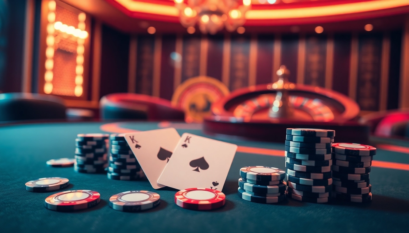 Experience the thrill of May88 with an elite poker table showcasing vibrant chips and alluring ambiance.
