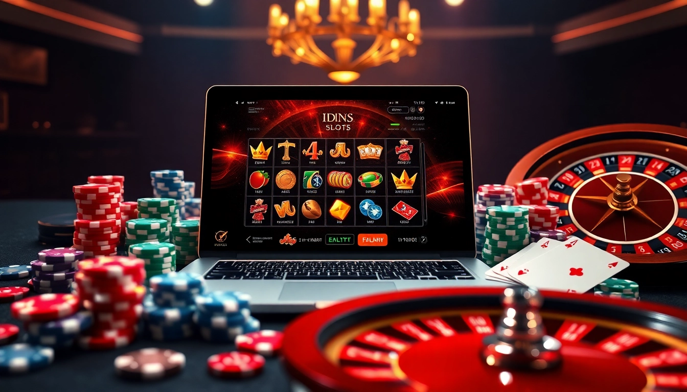 IDNSlot gaming interface amidst vibrant casino elements showcasing excitement in online gambling.