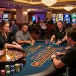 Engaged players at taixiusunwin.art roulette table, showcasing excitement and lively casino atmosphere.