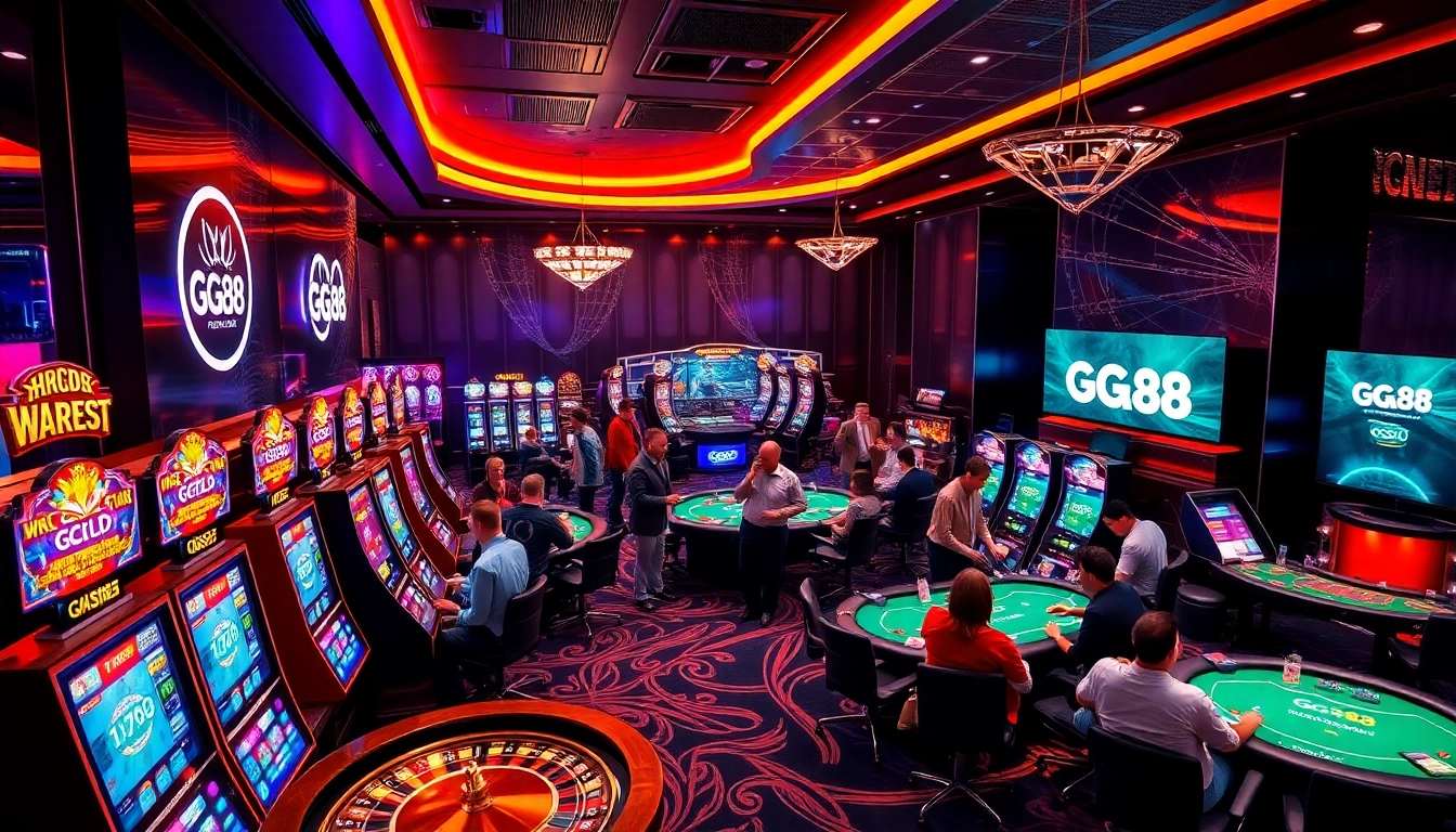 GG88 offers vibrant casino experiences, featuring roulette wheels and excited gamblers.