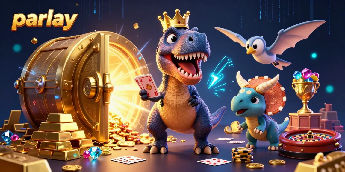 Engage in parlay betting with a fun and colorful 3D illustration of dinosaurs at a casino.