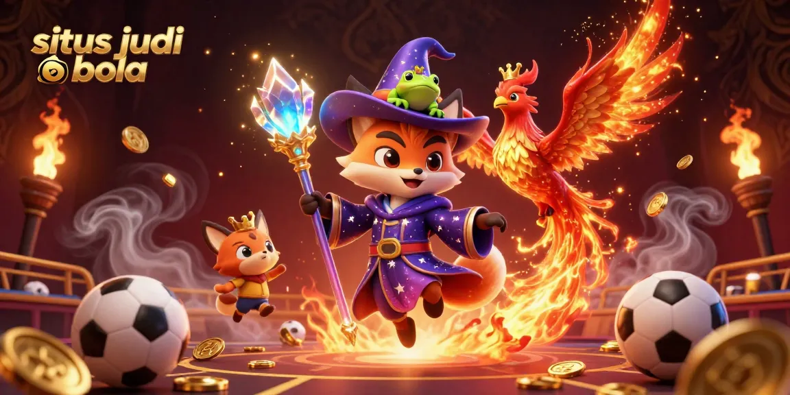 Situs judi bola sports betting scene with a wizard fox, phoenix, and enchanting visual effects.