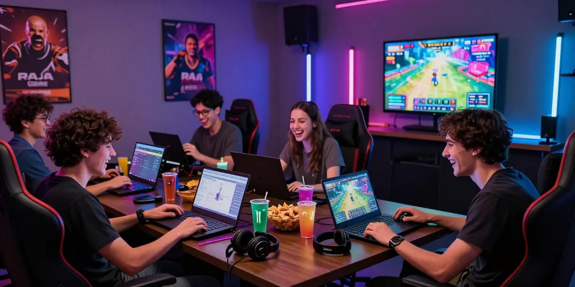 Excited friends connecting in Raja Game login session at a vibrant gaming lounge.